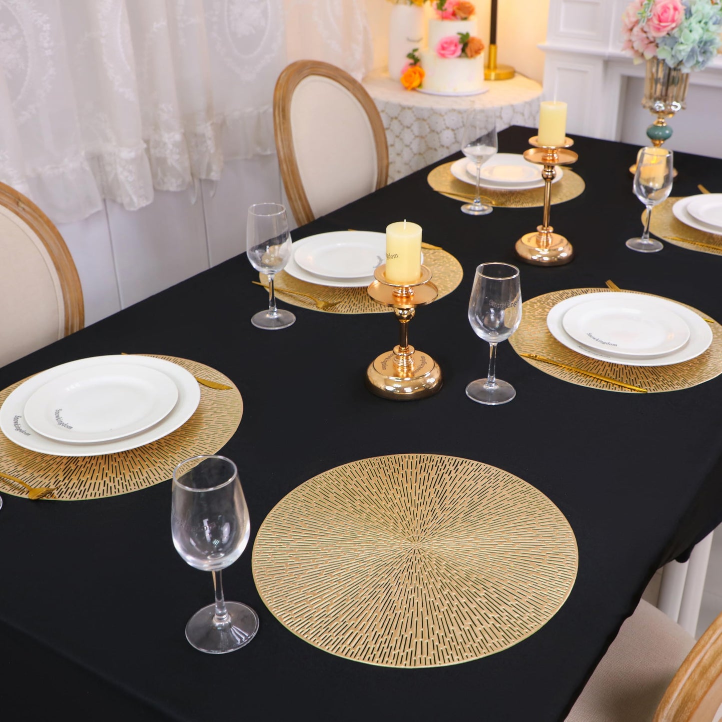 Snowkingdom Round Placemats Gold Metallic Set of 6 Vinyl Hollow Placemats 15'', Washable Easy Clean Wipeable Non-Slip Stain Heat Resistant Dinning Table Place Mats for Wedding Party Decoration by