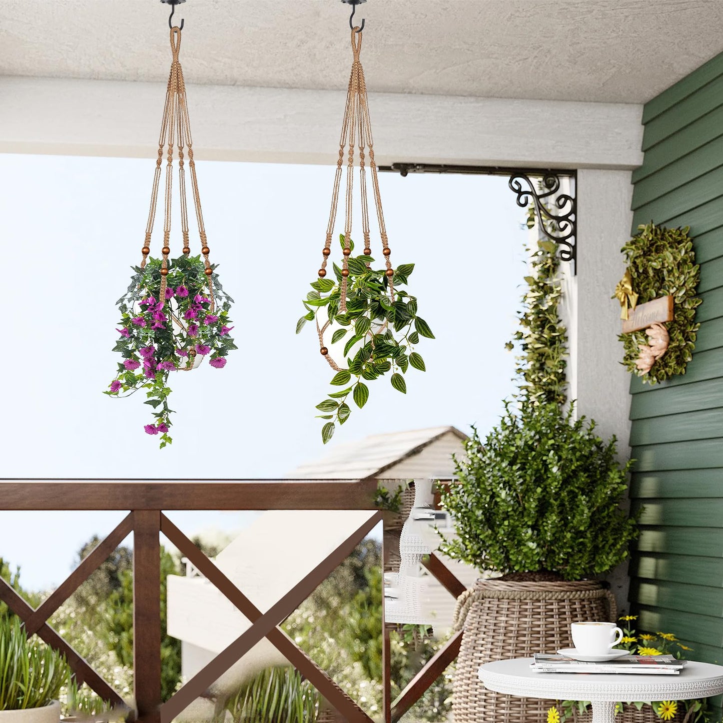 LEWESU Jute Macrame Plant Hanger Indoor Set of 4 Hanging Planter Basket Flower Pot Holder with Decorative Wood Beads & No Tassels for Indoor Outdoor Boho Home Decor, 35 Inch Brown (Pots Not Included)