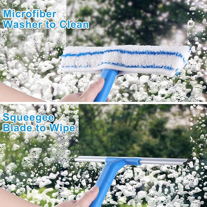 Window Cleaner with Long Handle, Glass Cleaning Tools with Silicone Squeegee &