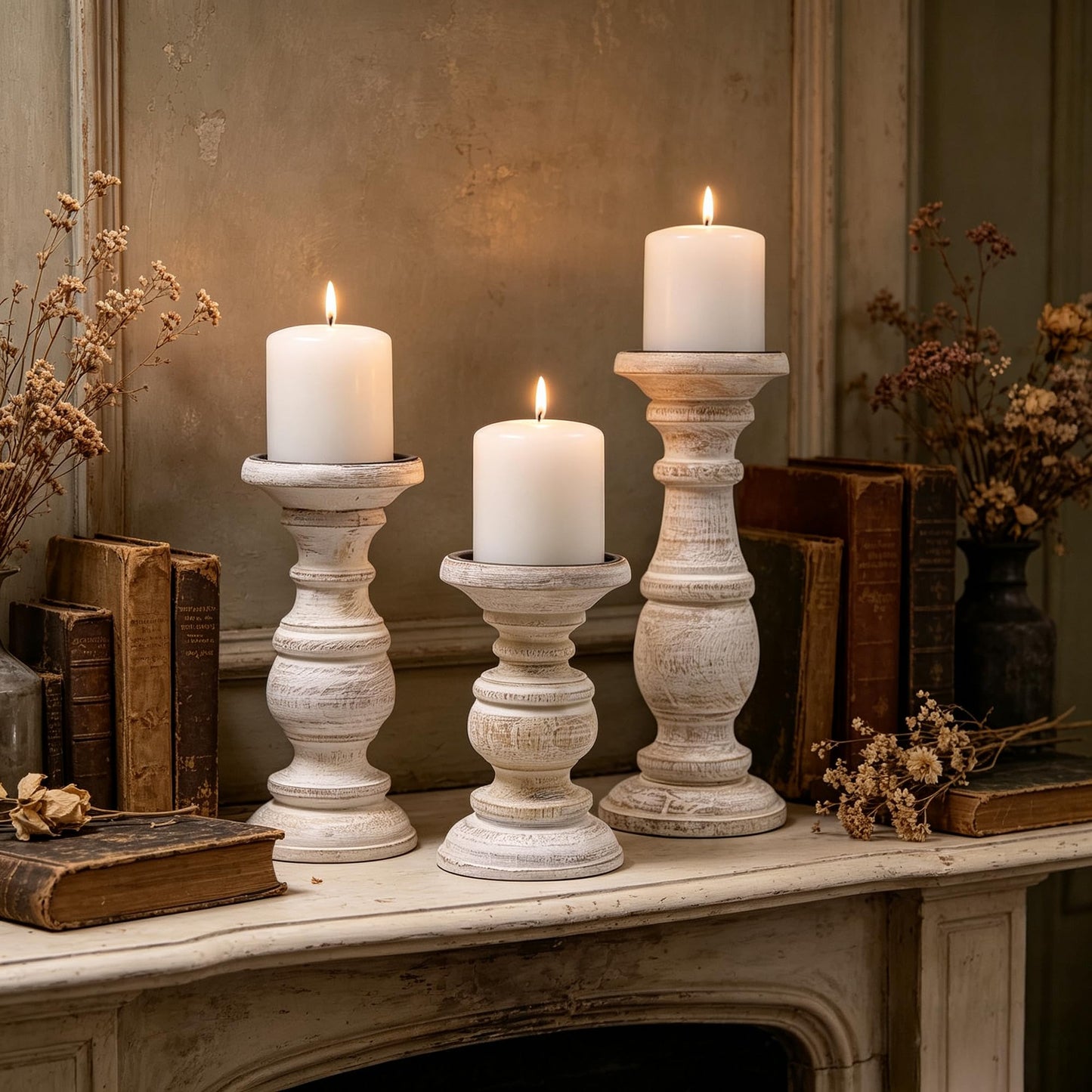Hosley Set of 3 Whitewashed Wooden Pillar Candle Holders – 10”, 8”, and 6” Heights – Ideal for LED and Pillar Candles, Weddings, Parties, Home Décor, Spa, Reiki, and Aromatherapy