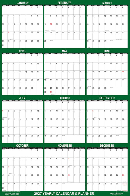 32" x 48" SwiftGlimpse 2027 Wall Calendar Erasable Large Wet & Dry Erase Laminated 12 Month Annual Yearly Wall Planner, Reversible, Horizontal/Vertical, GREEN