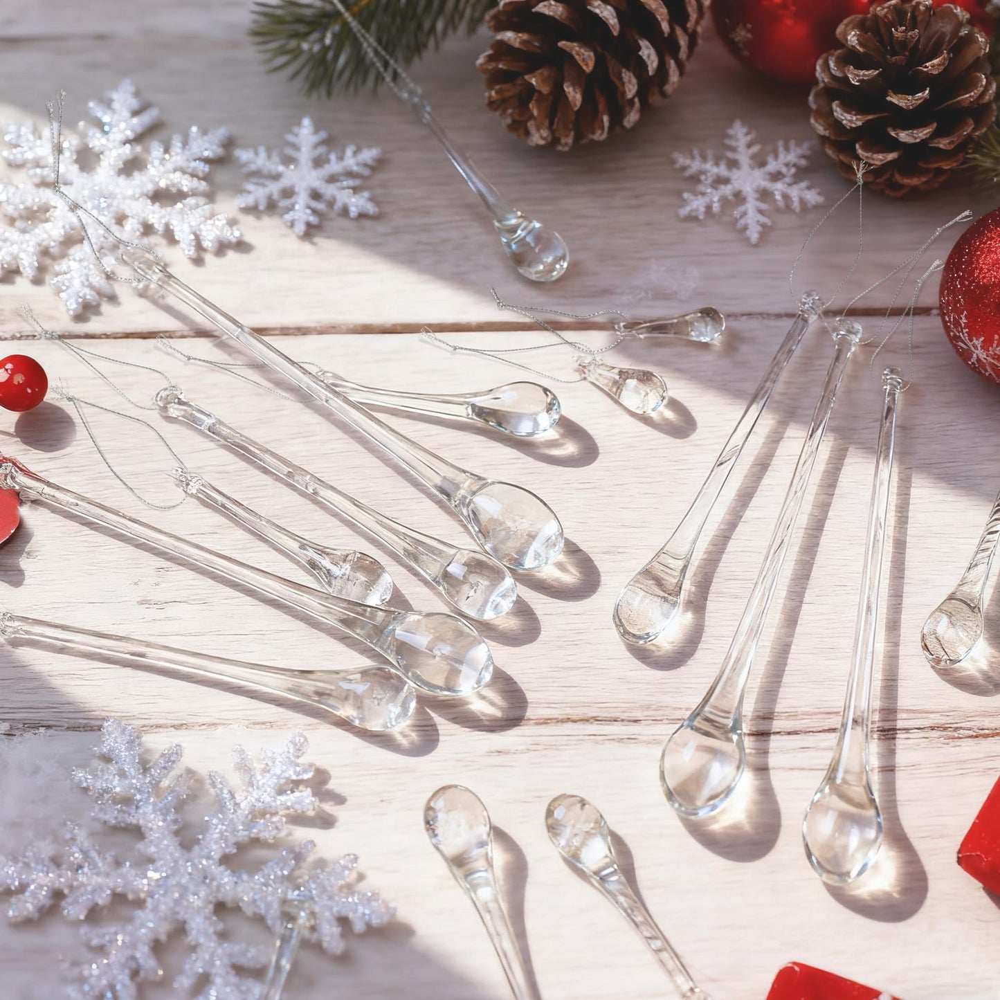 OuMuaMua 64 Pcs Glass Raindrop Christmas Ornaments Crystal Teardrop Hanging Ornaments Clear Chandelier Drop Pendant Decorations for Christmas Tree Winter New Year Party Supplies Home Decor