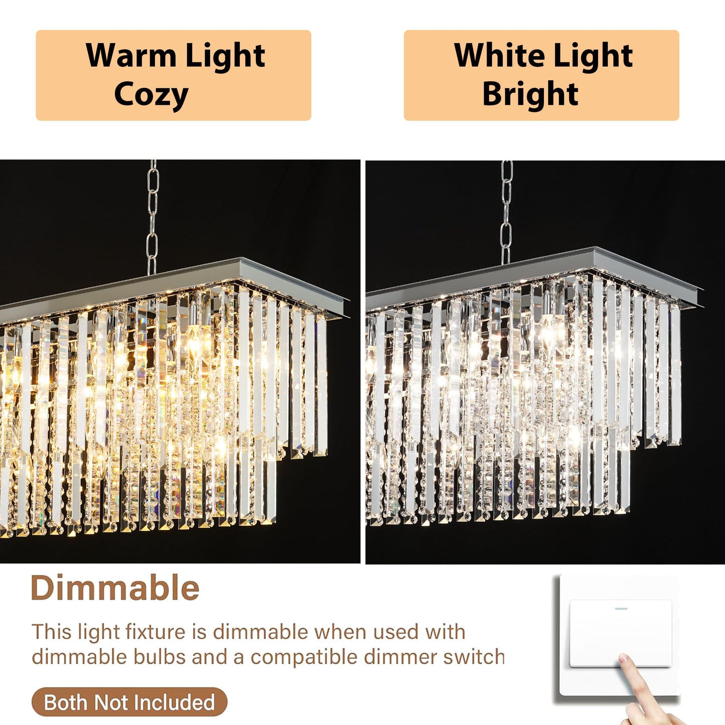 Arotikee Luxury Rectangular Crystal Chandelier for Dining Room, 55" Modern Chrome Linear Chandelier Over Table, Statement Lighting for Kitchen Island & Living Room