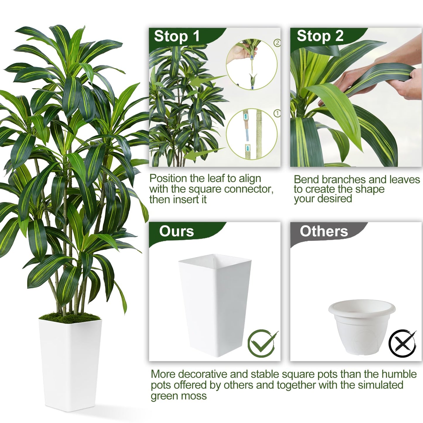 ZEEOZE Dracaena Plant Artificial Tree 6Ft Tall Fake Tropical Floor Plants Potted (Real Touch) Artificial Silk Tree Leaf Faux Trees White Tall Planter for Home Office Living Room Indoor Outdoor Decor