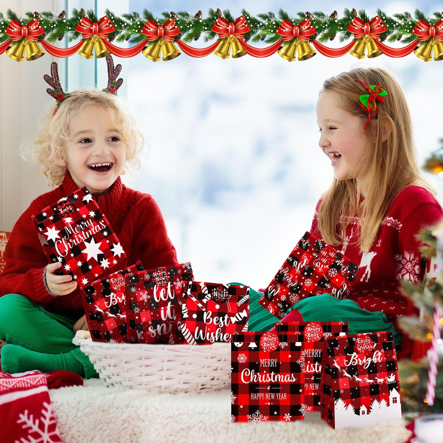 24 Pack Christmas Paper Gift Bag Xmas Goodies Candy Bags with 24 Pieces Christmas Theme Stickers Xmas Treat Tote Bags Party Decorations for Xmas Party Favors Supplies(Bright Style)