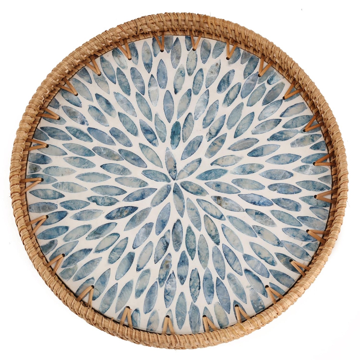 Tynulox Round Rattan Tray with Mother of Pearl Inlay, Rattan Serving Tray for Coffee, Bread, Fruits, Decorative Wicker Tray for Table Decor, Home Decor, Kitchen Island Decor (Light Blue Leaf, 11.8")