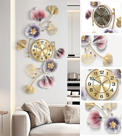 Axioglo Wall Clocks for Living Room Decor,Large Wall Clock,3D Creative Metal Ginkgo Leaf Design,with Silent Movement Wall Clocks for Home Wall Decor Clock（33"x18"）