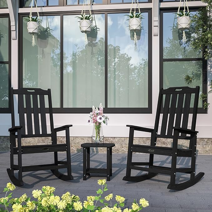 Oversized Rocking Chair Set of 8, Outdoor Rocking Chair for Adults, All Weather Resistant Porch Rocker for Lawn Garden, Black