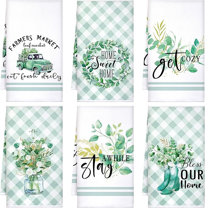 Set of 6 Eucalyptus Kitchen Towels Green Leaves Dishtowels Absorbent Spring
