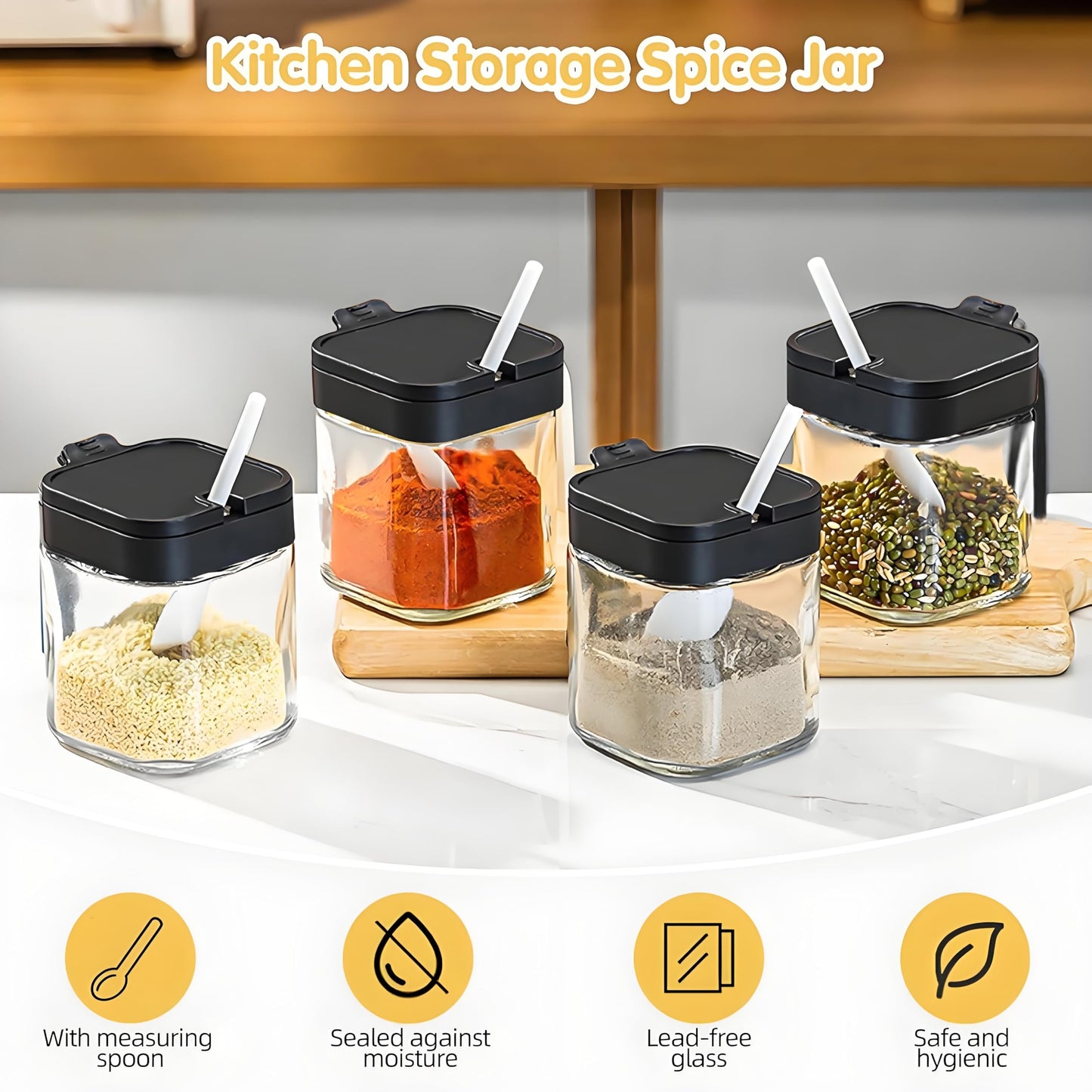 WANYISHUN Condiment Jar Spice Container with Lids and Spoons, Kitchen Spice Pot Set of 3, 11oz Clear Glass Condiment Pot with Tray, Kitchen Salt Pepper Sugar Storage Container Jar (black, 300ml)