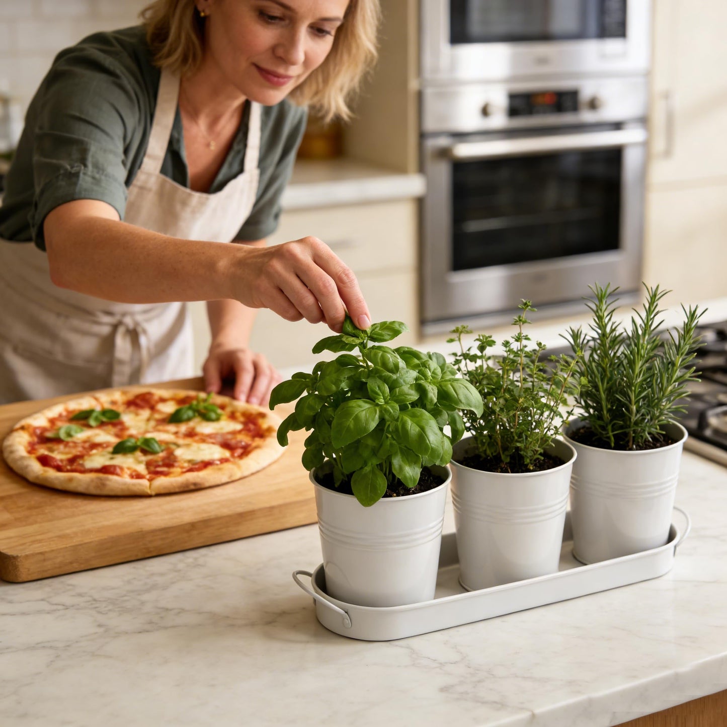 SORANGEUN Metal Herb Garden Planter Set with Tray, 3-Pack White Zinc-Coated Windowsill Plant Pots with Drainage Holes & Handles for Indoor Outdoor Kitchen Garden