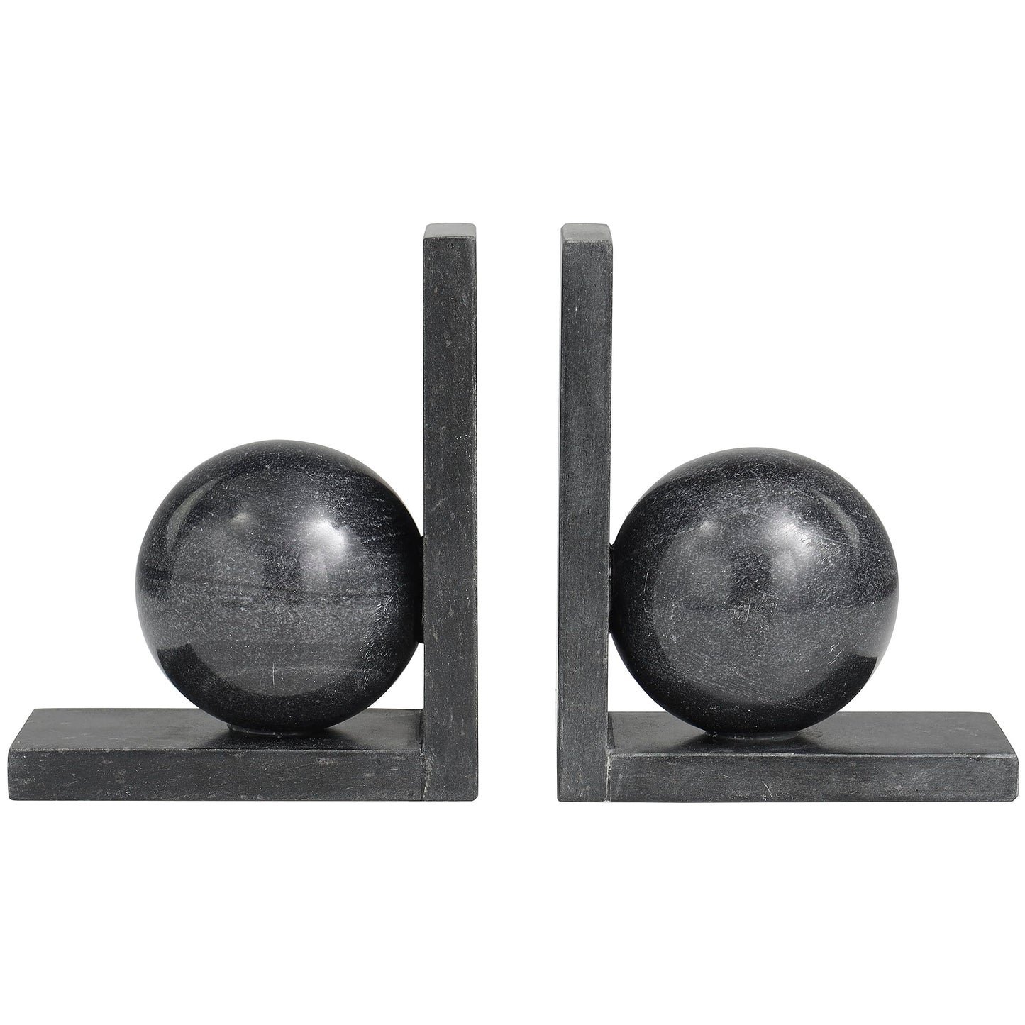 Deco 79 Marble Geometric Sleek Orb Bookends with L- Shaped Bases, Set of 2 6" W, 7" H, Black