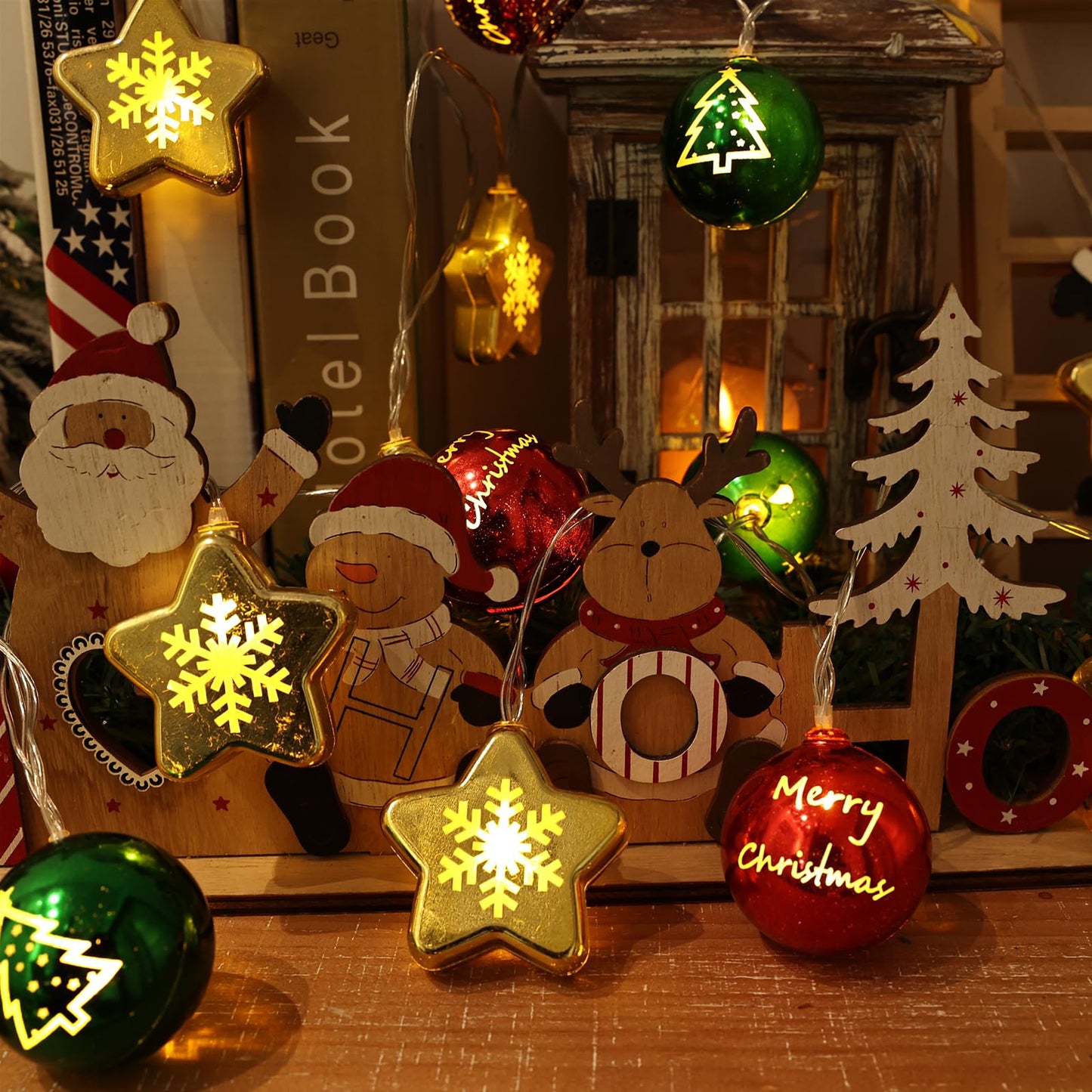 Christmas Decorations Lights, 13.5ft 20 Led Battery Christmas Light with Timer & 8 Modes, Christmas Ball & Star Ornaments Light for Xmas Tree Wreath Window Wall Home Garden Outdoor Indoor Decor