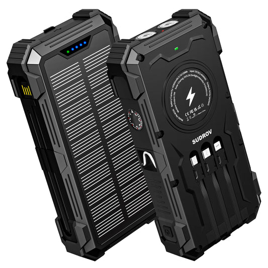 Sudrov Solar Charger Power Bank, 42800mAh Wireless Portable Charger with USB-C in/Output, QC3.0 Fast Charging 15W 4 Ports Outdoor Battery Pack Built-in Dual Led Flashlights for iPhone Samsung etc