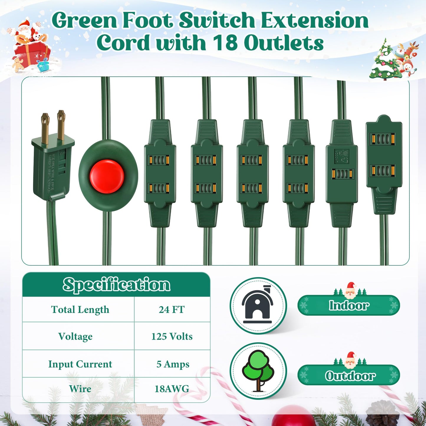 Enhon Indoor Lighted Foot Switch Extension Cord, Foot Switch Extension Cord Outdoor with Sticker, for Christmas Home Kitchen Holiday Decorations, Green(18 Outlets,24 ft)
