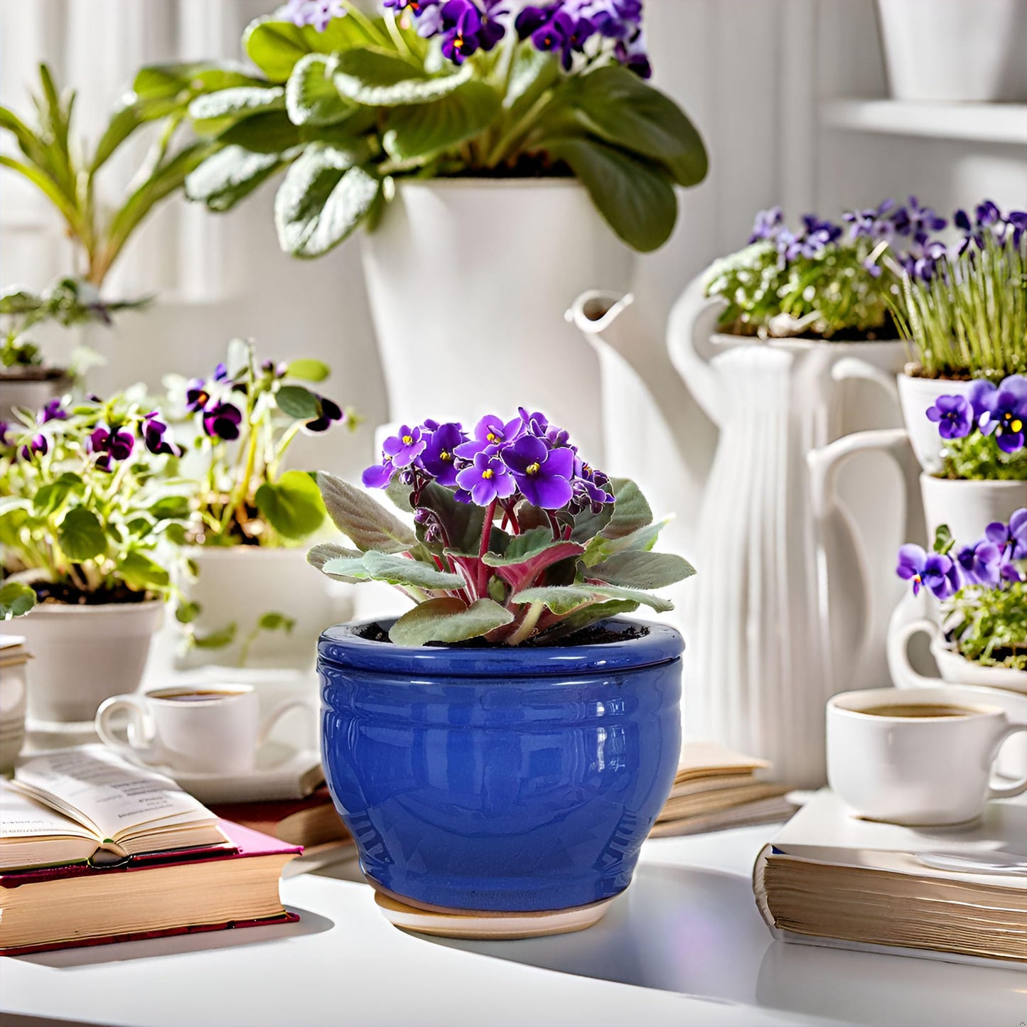 Dphagesy African Violet Pots Self Watering Round Ceramic Violet Pot (Blue, 6 inch)