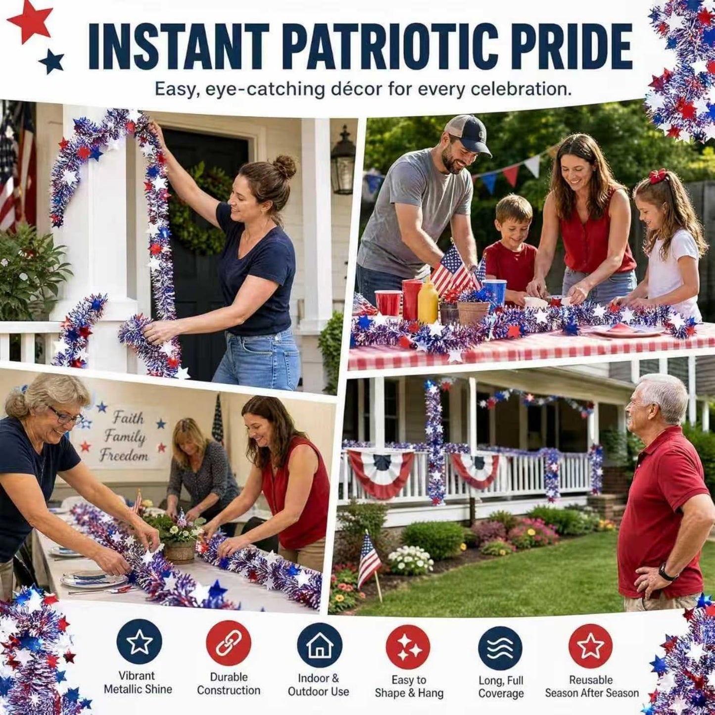 YunPuff 33Ft 4th of July Sequin Star Garland, Red White Blue Metallic Tinsel Twist Garland with 5-Pointed Stars, 2026 Patriotic Independence Day Decor for 250th Anniversary Home Staircase Porch