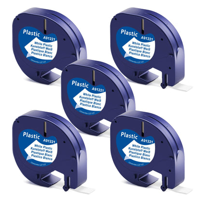 5-Pack MarkField Label Tape Replacement for Dymo Letratag Tape Plastic White 12mm x 4m S0721610, Compatible with Dymo Label Printer LT-110T LT-100H LT-100T QX50 XR XM