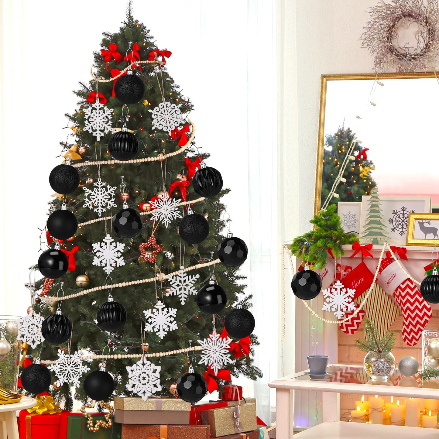 Aoriher 45 Pcs Christmas Tree Ornament Set,34pcs Christmas Ball Ornaments with Xmas Wooden Bead Garland Snowflake Ornaments for Xmas Tree Holiday Wedding Party Wreath Home Decoration(Black)