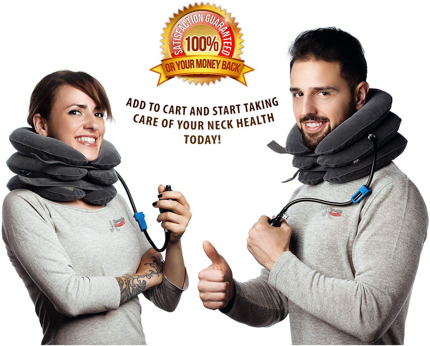 Pinched Nerve Neck Stretcher Cervical Traction Device for Home Pain Treatment | Inflatable Spinal Decompression Collar Unit Muscle Strain Injury Relief | Herniated Disc Problems Remedy Kit (Gray)