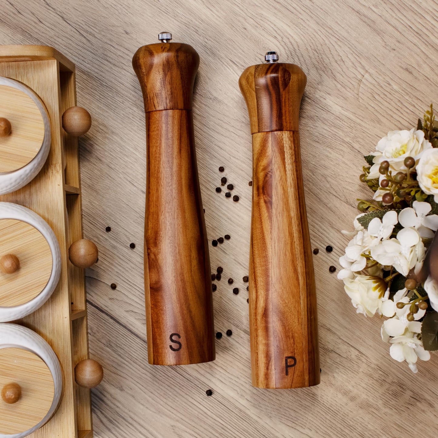 Haomacro 2 Pack 10 Inch Acacia Wooden Salt and Pepper Grinder Set, Manual Salt and Pepper Mills, Salt Grinder Refillable with Adjustable Coarseness, Ceramic/Stainless Steel Core Tableware Gifts