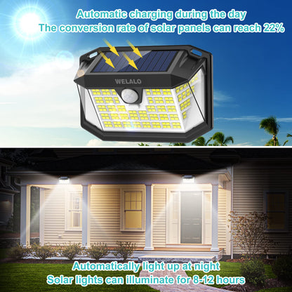 WELALO Solar Security Lights, 188 LED Solar Motion Sensor Lights, IP65 Waterproof Solar Lights Outdoor Garden, 3 Modes PIR Solar Powered Wall Lights for Outside Garden Fence Door Yard (2 Pack)