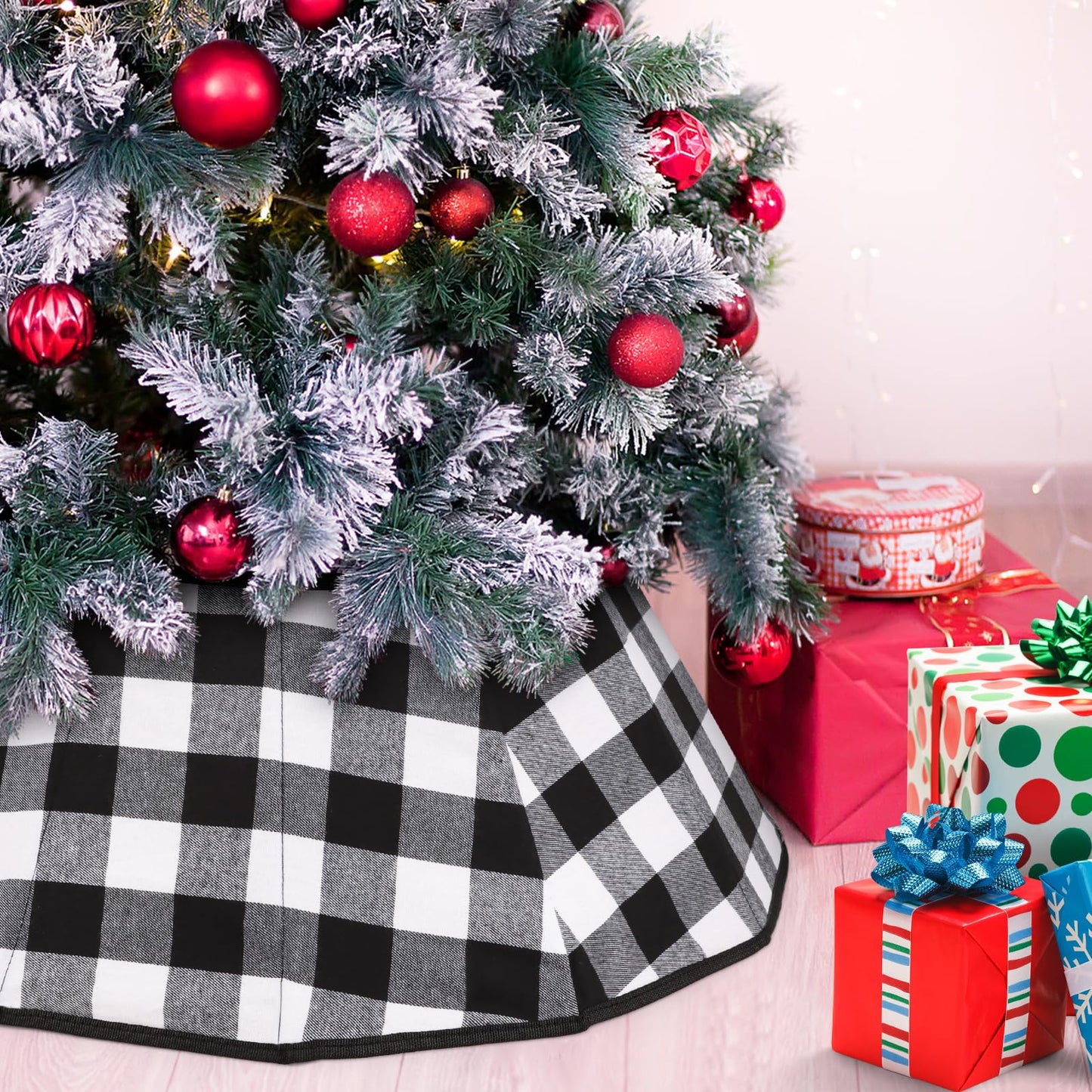 Christmas Tree Collar Velvet Folable Black White Buffalo Plaid Christmas Tree Ring Tree Skirt for Christmas Holiday Tree Decoration