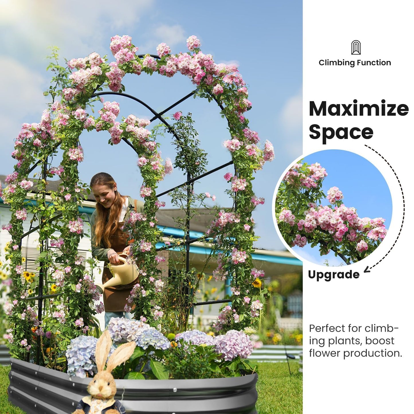 KING BIRD Raised Garden Bed with Arched Trellis Galvanized Planter Garden Box Outdoor for Gardening, Climbing Vegetables, Flowers, Dark Grey, 5.9x2.95x0.98 Ft