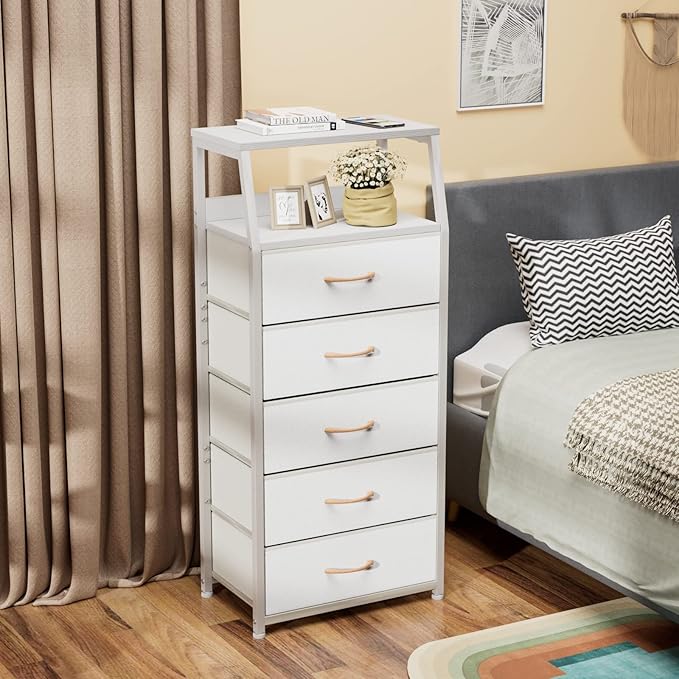 Furnulem White Dresser with 5 Drawers, Vertical Storage Tower Fabric Dresser