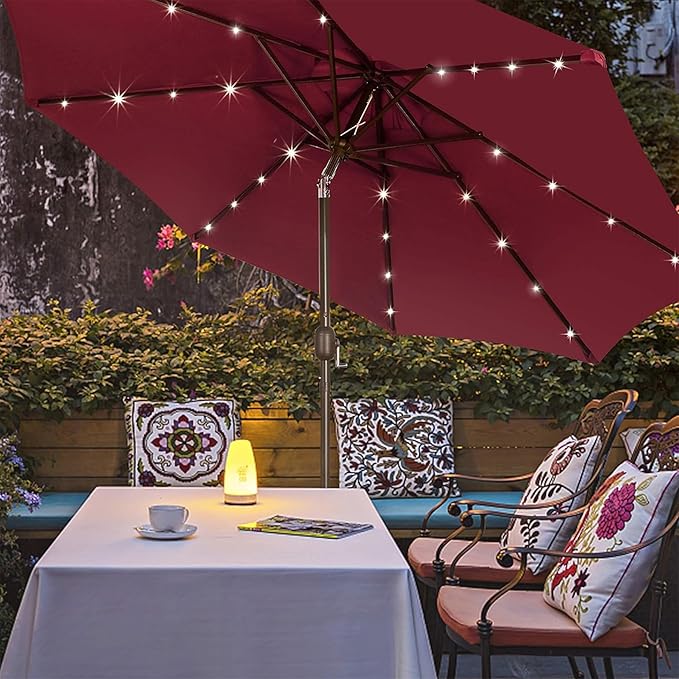 Blissun 9 ft Solar Umbrella, 32 LED Lighted Patio Umbrella, Table Market Umbrella, Outdoor Umbrella for Garden, Deck, Backyard, Pool and Beach (Burgundy)