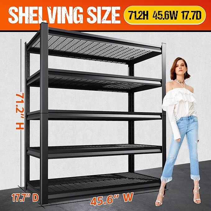 71" H Garage Shelving Heavy Duty Storage Shelves, Adjustable Metal Shelving Unit, Utility Garage Organizer Shelf for Basement, Pantry, Kitchen, Warehouse, Supermarket, 45.6" Wx17.7 Dx71.2 H
