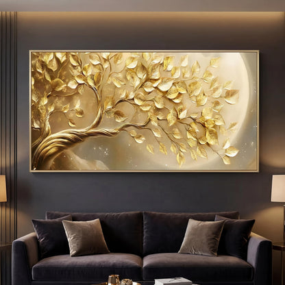 BirdSuite Gold Framed Golden Leaf Money Tree Wall Art, Luxury 3D Effect Canvas Print, Ready to Hang Wall Decor for Living Room Bedroom Office Dining Room Entryway, 48x24 Inch