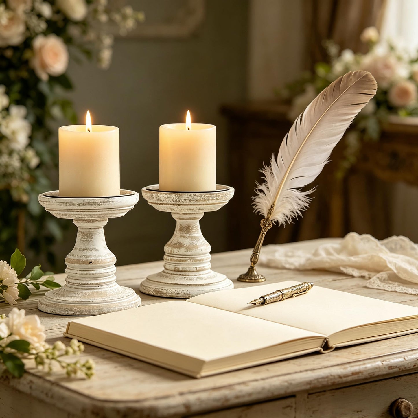 Hosley White 5 Inch High Wooden Pillar Candle Holder Country Style. Ideal Gift for Wedding Party Home Spa Reiki Aromatherapy LED Votive Candle Gardens W1