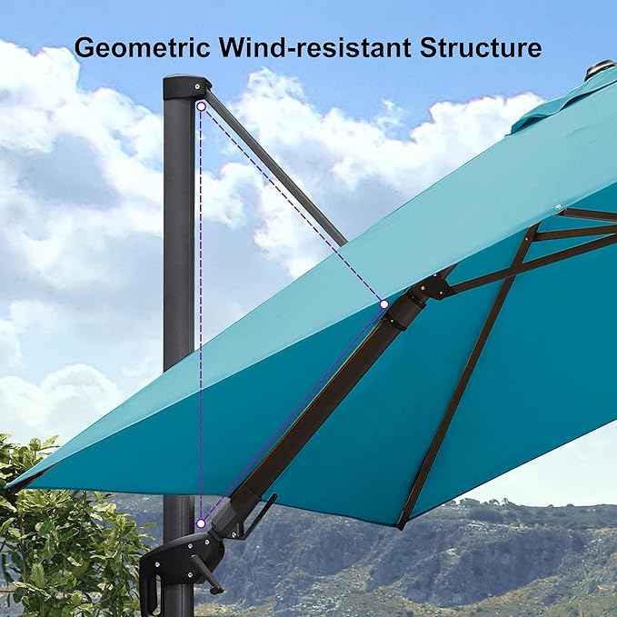 PURPLE LEAF 8.8' X 8.8' Right-left Tilt Patio Umbrella with Base Outdoor Cantilever Swivel Square Umbrella with Tilt Aluminum Offset Umbrella with 360-degree Rotation for Garden Deck Pool Patio Turquoise Blue