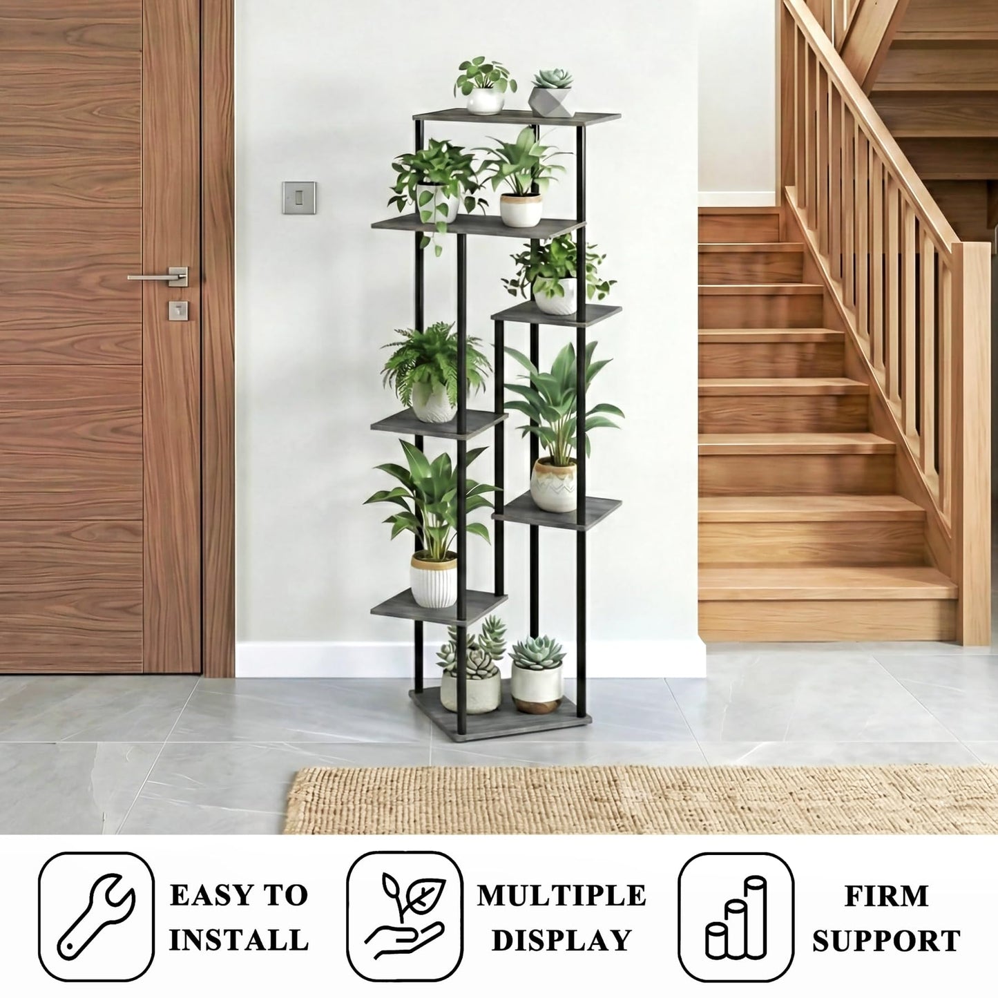 JEPRECO Tall Plant Stand Indoor 7-Tier Metal Wood Plant Shelf for Multiple Flower Pots Corner Flower Holders for Living Room Balcony Bedroom, Oak Grey