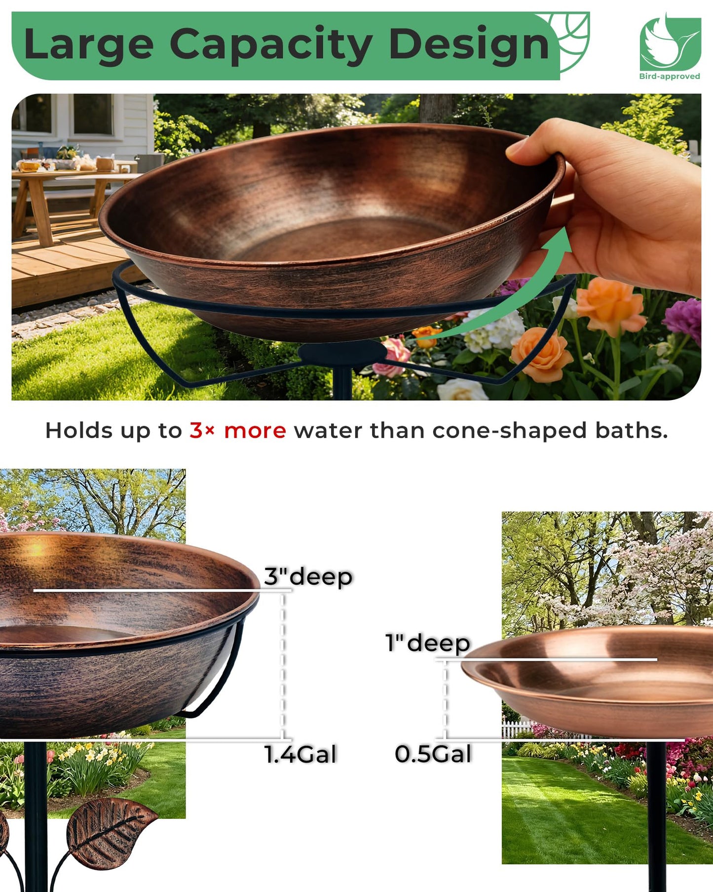 OUISJYER 3" Deep Metal Bird Bath for Outdoors, Removable 13" Dia Bowl with Stable Upgrades Stake, Easy to Clean Birdbaths for Garden Yard Lawn Decor 1.4 Gallon