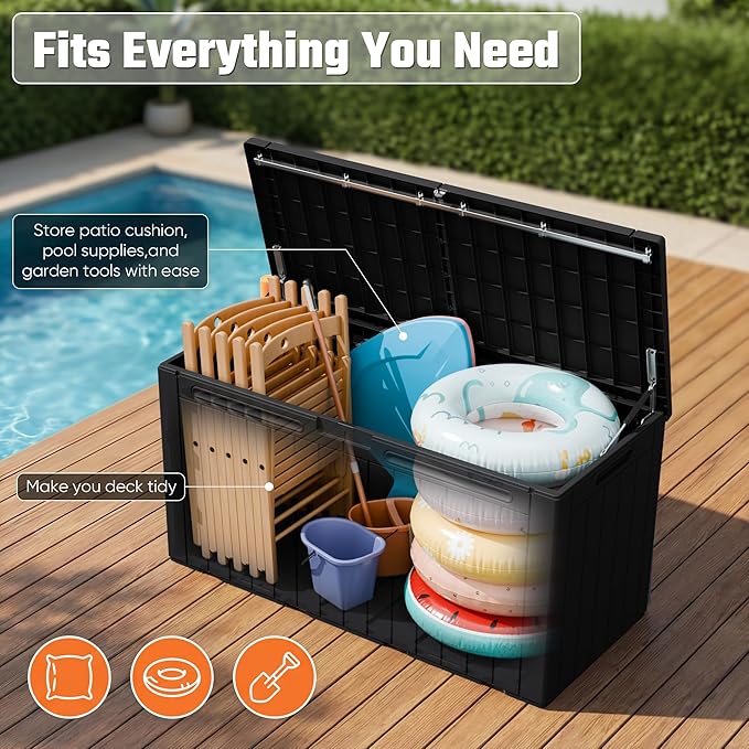 Greesum 110 Gallon Outdoor Storage Box with Lockable Lid, All-Weather Solution for Patio Furniture, Pool Supplies & Garden Tools, Waterproof, UV-Resistant Large Deck Box, Black