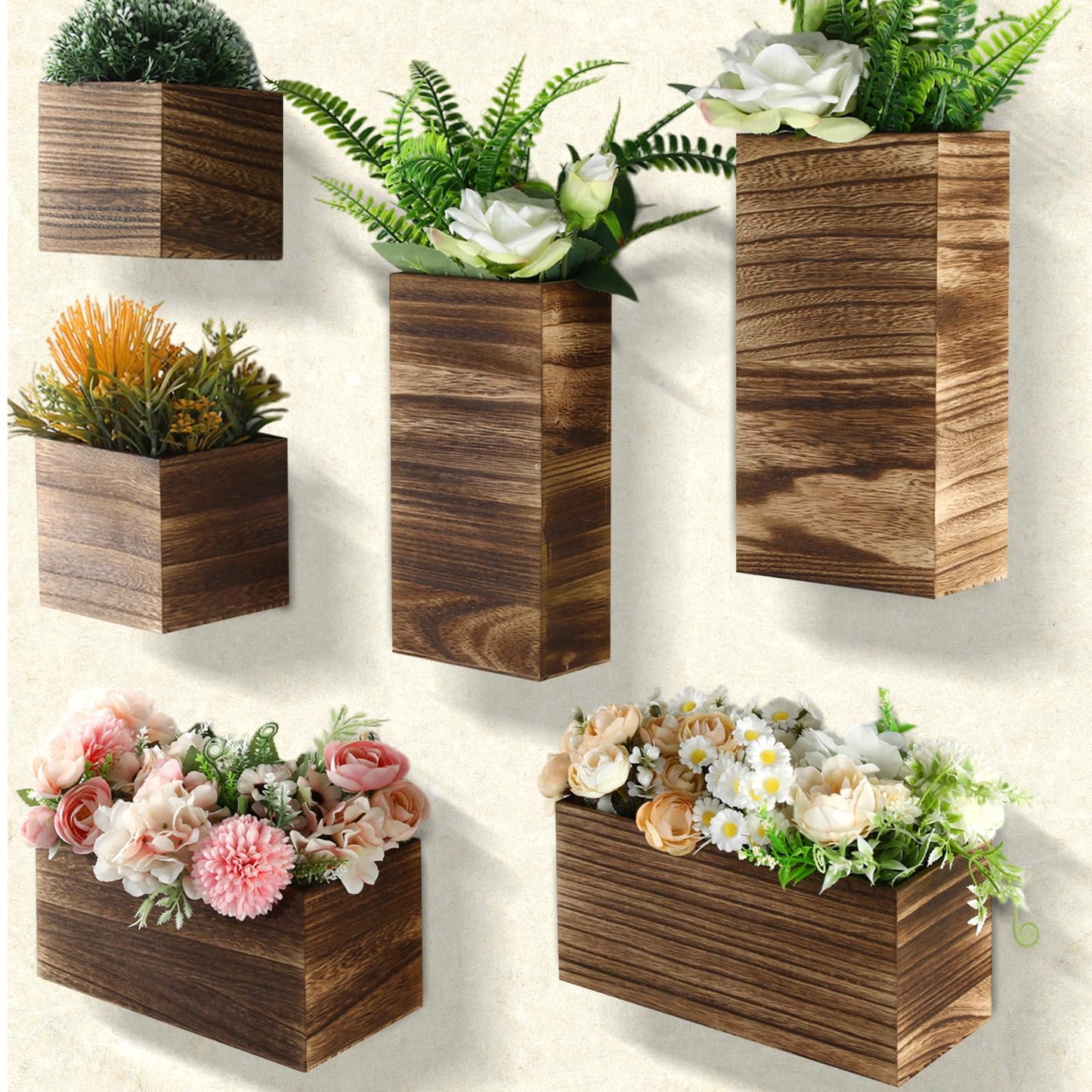 Ziliny 6 Pack Rustic Wood Wall Planters Hanging Wall Planters Pocket Vases Hanging Decor Vase for Plants Dried Flowers Faux Greenery Plants Indoor Living Room Bedroom Farmhouse Home Decor(5 Sizes)