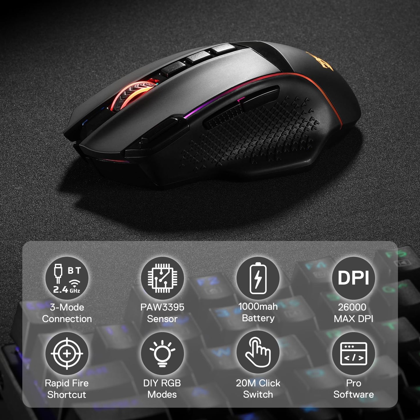 Redragon M810 Pro Wireless Gaming Mouse, 10000 DPI Wired/Wireless Gamer Mouse w/Rapid Fire Key, 8 Macro Buttons, 45-Hour Reliable Power Capacity and RGB Backlit for PC/Mac/Laptop