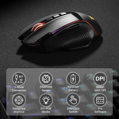 Redragon M810 Pro Wireless Gaming Mouse, 10000 DPI Wired/Wireless Gamer Mouse w/Rapid Fire Key, 8 Macro Buttons, 45-Hour Reliable Power Capacity and RGB Backlit for PC/Mac/Laptop