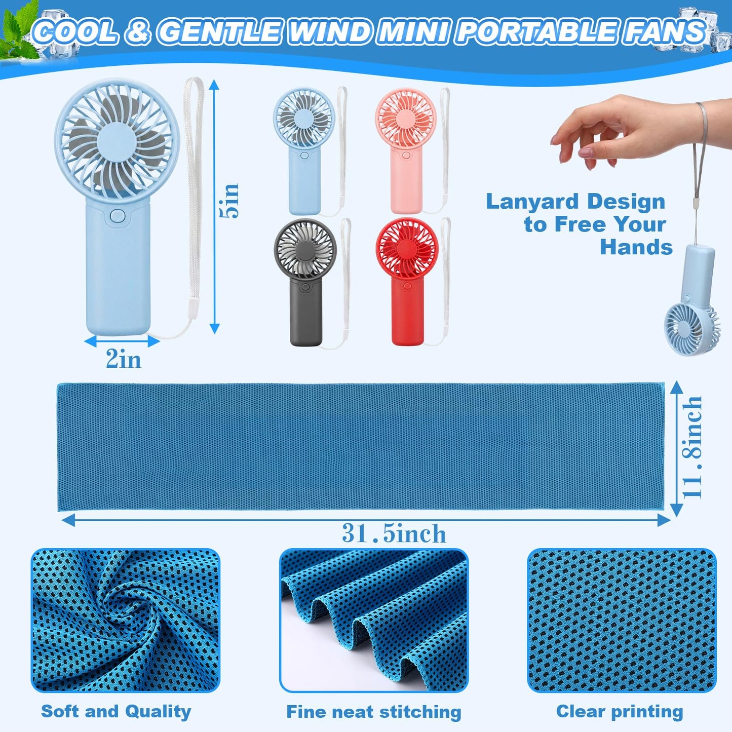 Retisee 24 Pcs Cooling Towel Mini Portable Fan Set 32 x 12 Inch Ice Towel Chilly Handheld Battery Powered Fan Cooling Sport Gifts for Travel Makeup Yoga Camping Running Summer(Fresh,Multicolor)