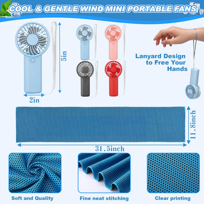 Retisee 24 Pcs Cooling Towel Mini Portable Fan Set 32 x 12 Inch Ice Towel Chilly Handheld Battery Powered Fan Cooling Sport Gifts for Travel Makeup Yoga Camping Running Summer(Fresh,Multicolor)
