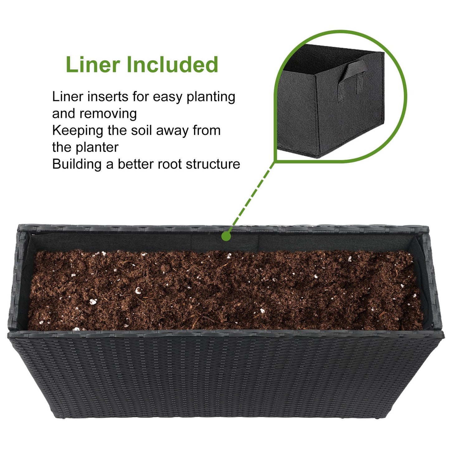 LEWIS&WAYNE Large Rectangular Block Planter Box Handmade Wicker Tall Planters for Outdoor Plants with Removable Liners Modern Planter for Indoor Outdoor Patio Deck - Black, 38''x11''x30''