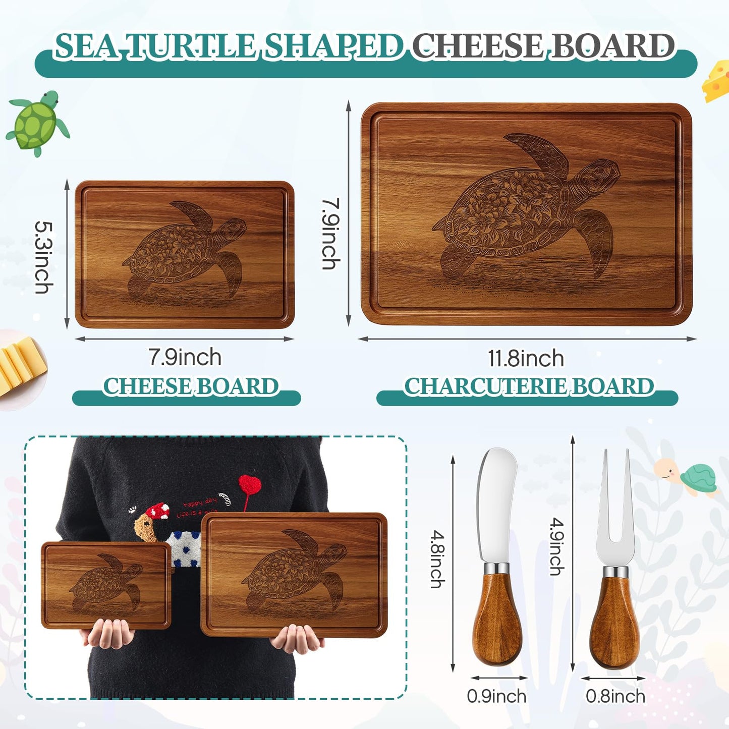 Ziliny Sea Turtle Charcuterie Board Set Cutting and Cheese Board Wooden Platter with Knives and Forks Serving Trays Gift for Christmas Kitchen Food Fruit(Acacia)
