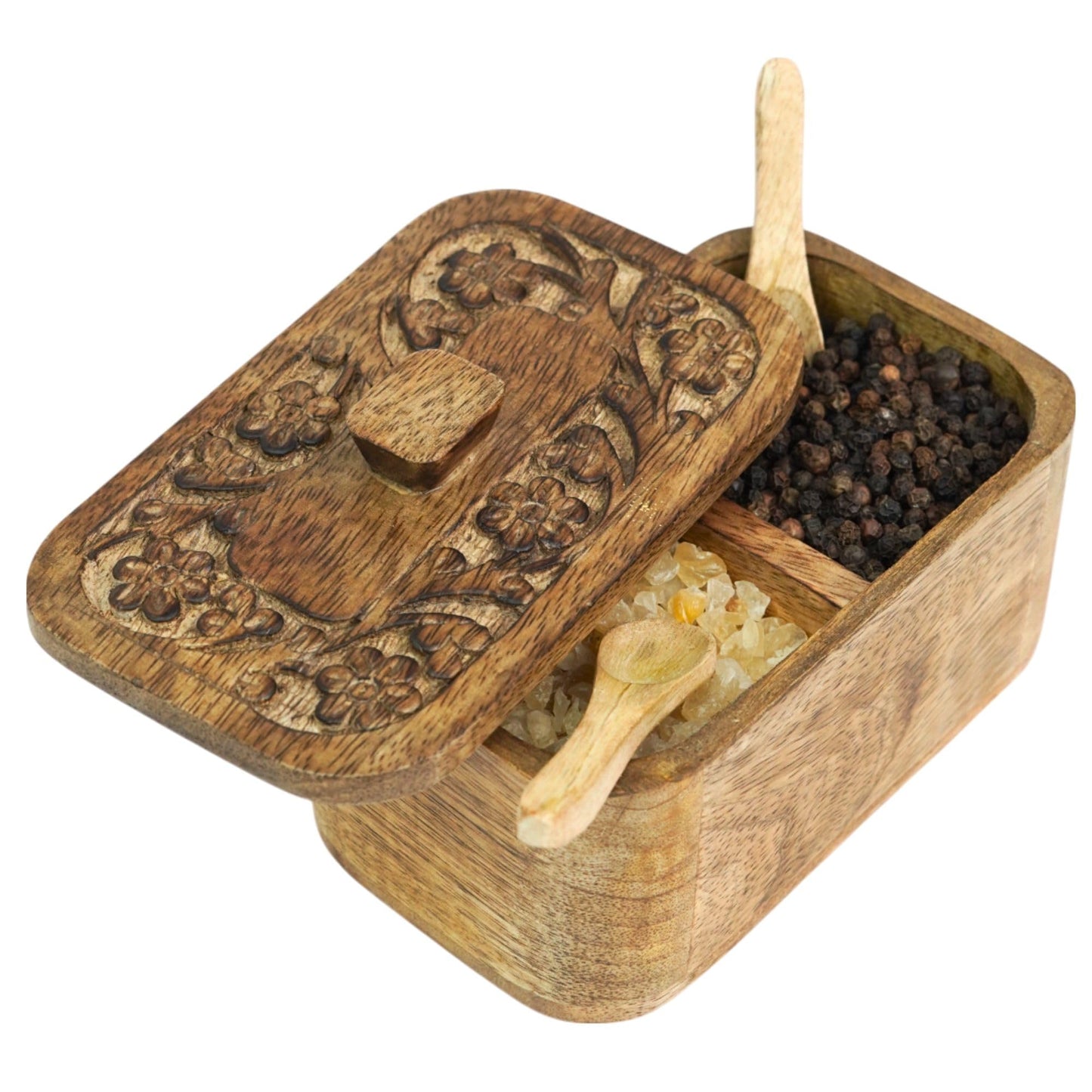 Mie Creations Duet Salt and Pepper Box Cellar with Hand Carved Lid & 2 Spoons, Rustic Wooden Pinch Bowls with 2 large Compartments | Wood Salt Storage Keeper, Spice Bowls for Kitchen Cooking