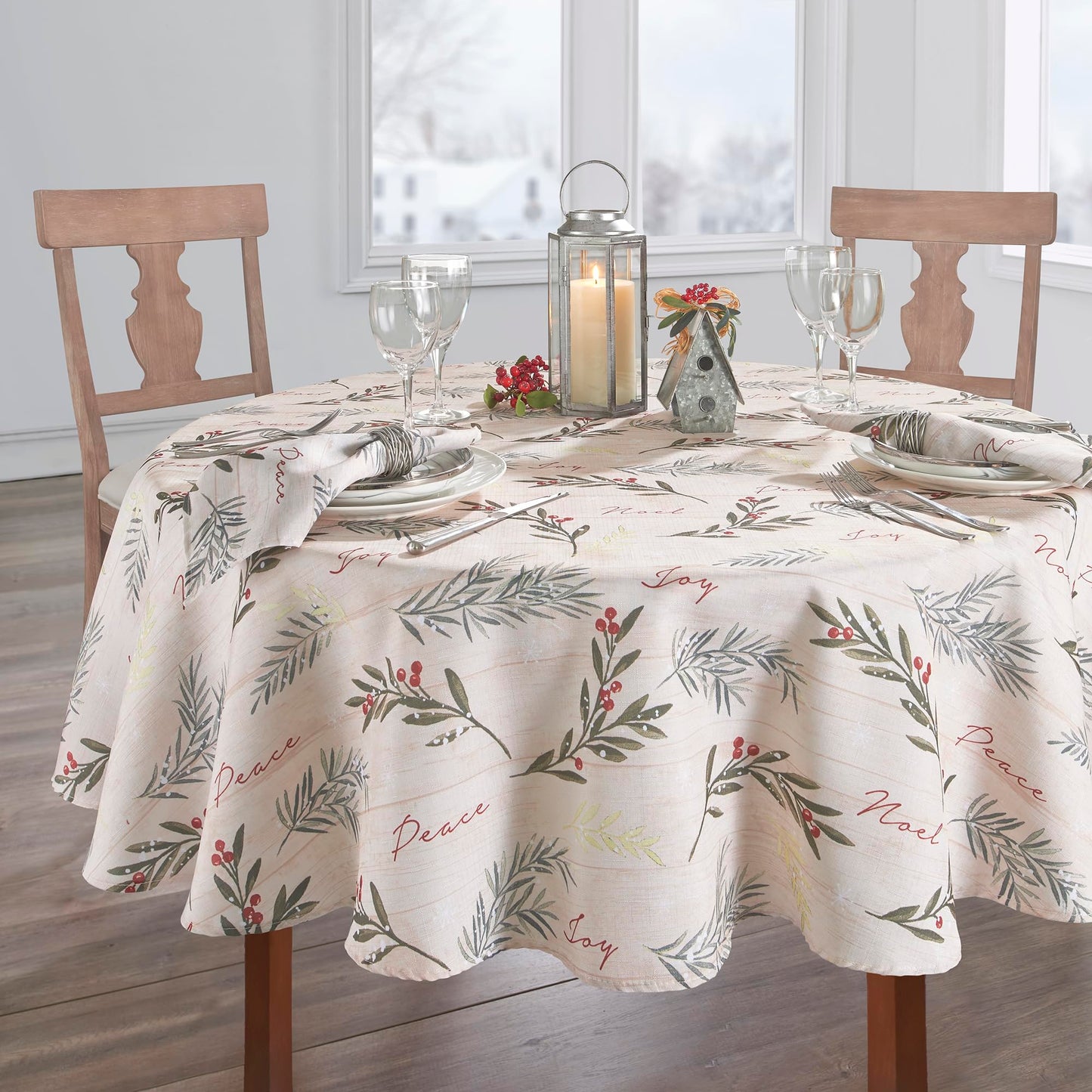 Elrene Home Fashions Holiday Tree Trimmings Wrinkle Resistant Fabric Christmas Tablecloth, 60"X84", Oval