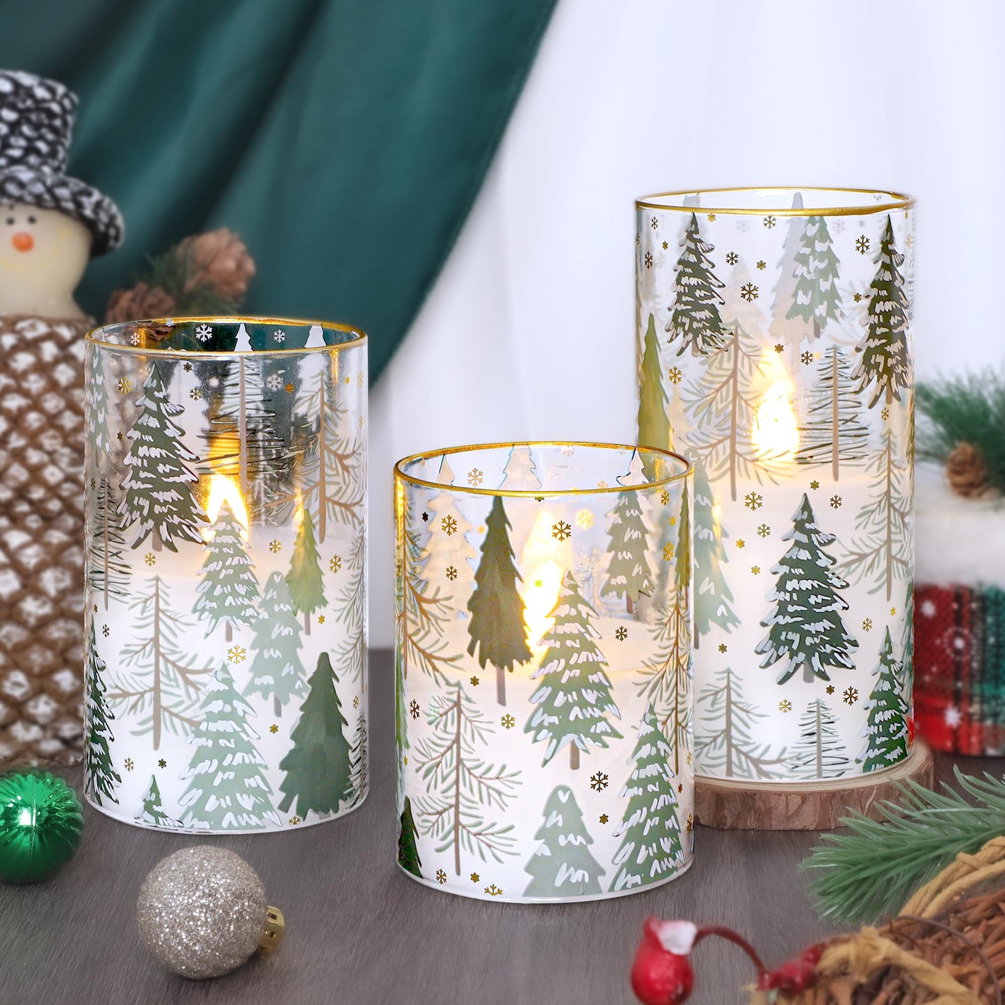 Impress Life Christmas Tree Glass Flameless Candles with Remote Battery Operated 3D Flickering LED Pillar Candles for Xmas Gift Holiday Decor, Set of 3