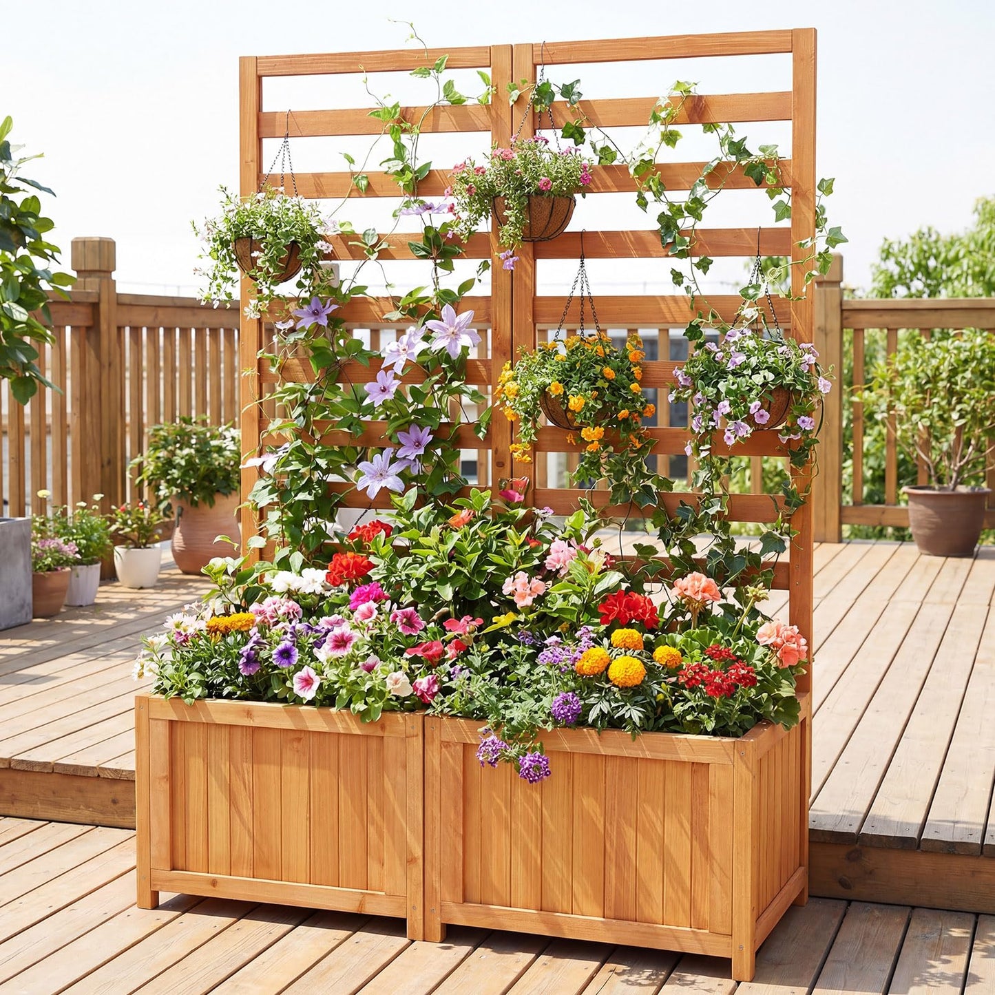 Giantex Wood Raised Garden Bed with Trellis, Outdoor Planter Box for Vines Flowers Vegetables, Herbs, Freestanding Plant Container Privacy Planters for Porch, Patio, Backyard