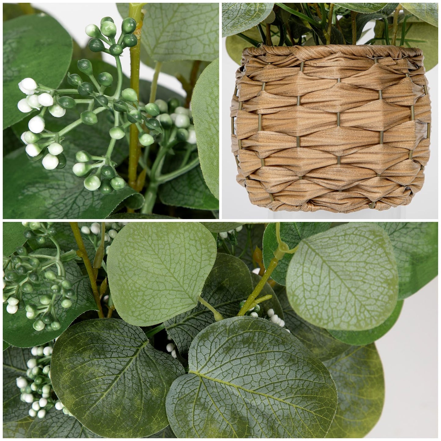 DILATATA Artificial Eucalyptus Stems in Woven Basket Planter, 12" Fake Plant Eucalyptus Leaves with Green Seeds Faux Potted Plant Greenery for Table Centerpiece Office Indoor Home Decor