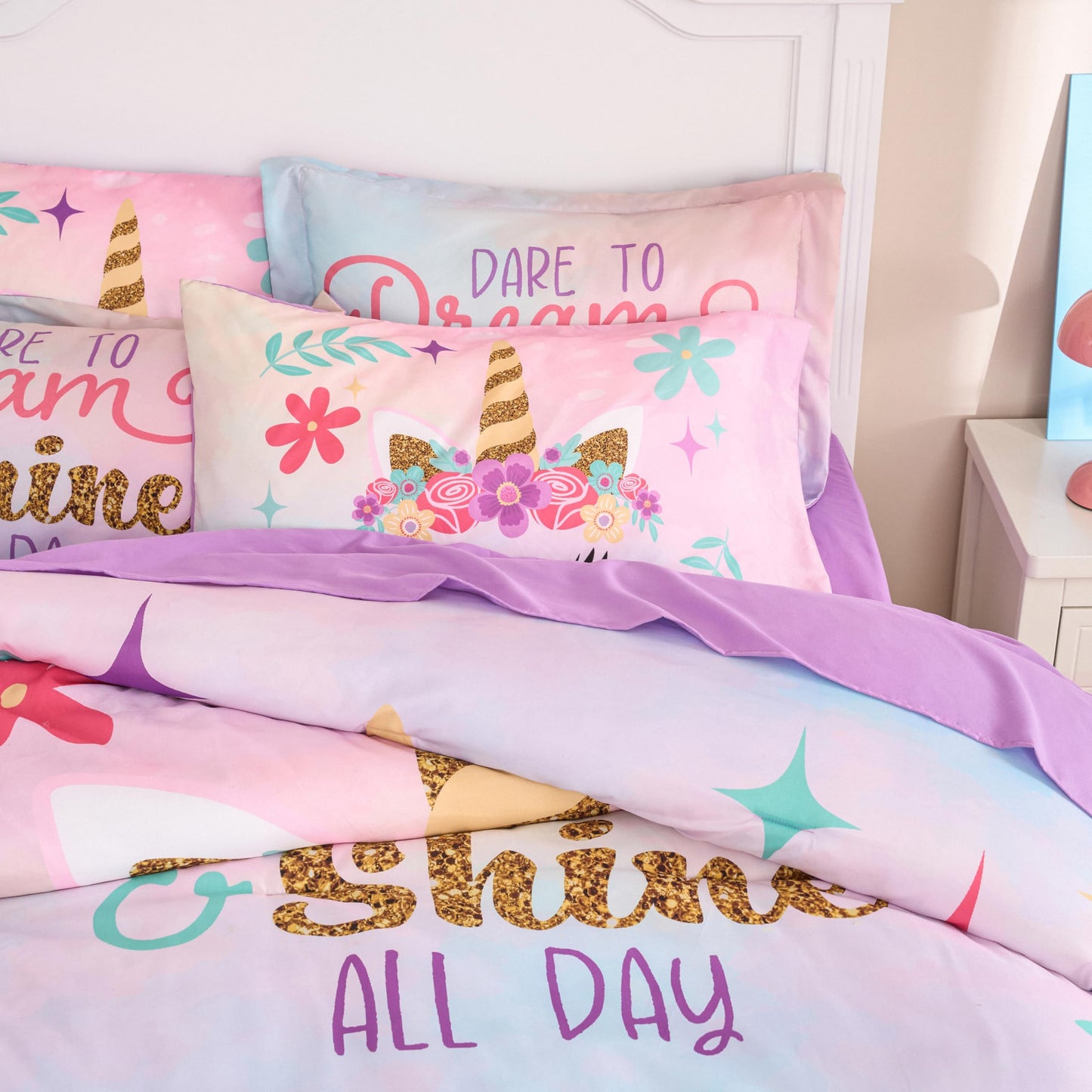 Joiedomi Kid Full Comforter Set 7 Piece Unicorn Bedding Set for Boys Girls Super Soft Microfiber Bed in a Bag with Comforter Sheets Pillowcase & Sham